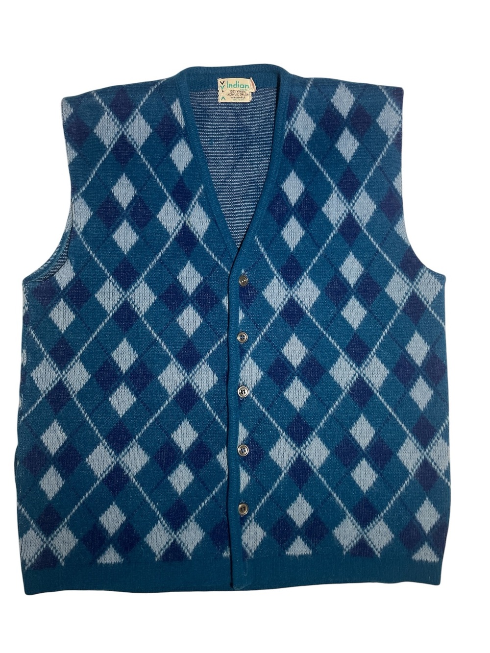 Vintage 1950s Indian Handwoven Blue Argyle Knit Vest - Men
